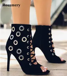 Новинки для женщин модная обувь с открытым носком на шнуровке круг из металла сандалии-гладиаторы открытые босоножки на высоком каблуке