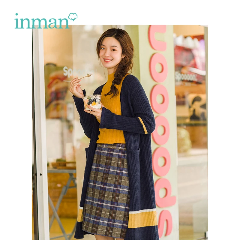 

INMAN 2019 Spring Autumn New H-shaped V-collar Color Long Long-sleeved Knit Cardigan Sweater Female