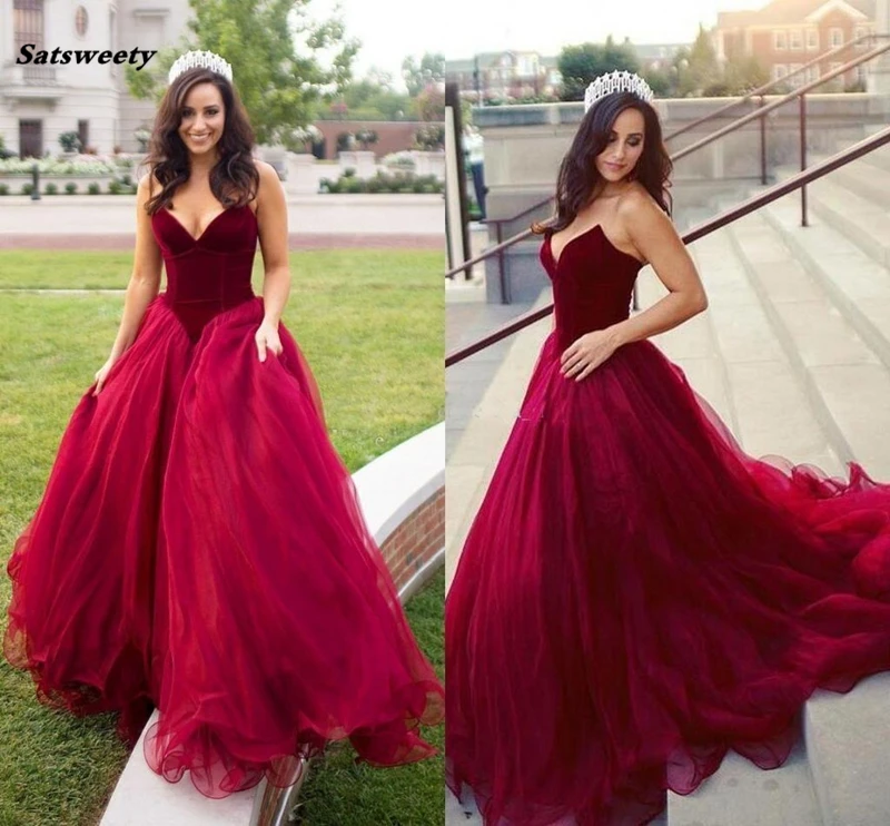 

2019 New Burgundy Velvet Prom Dress Sweetheart Backless Sleeveless Tiered Organza Sweep Train Long Party Gowns