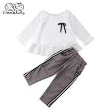 Emmaaby/повседневный комплект одежды из 2 предметов для маленьких девочек шифоновая футболка с длинным рукавом+ штаны в полоску Повседневная одежда