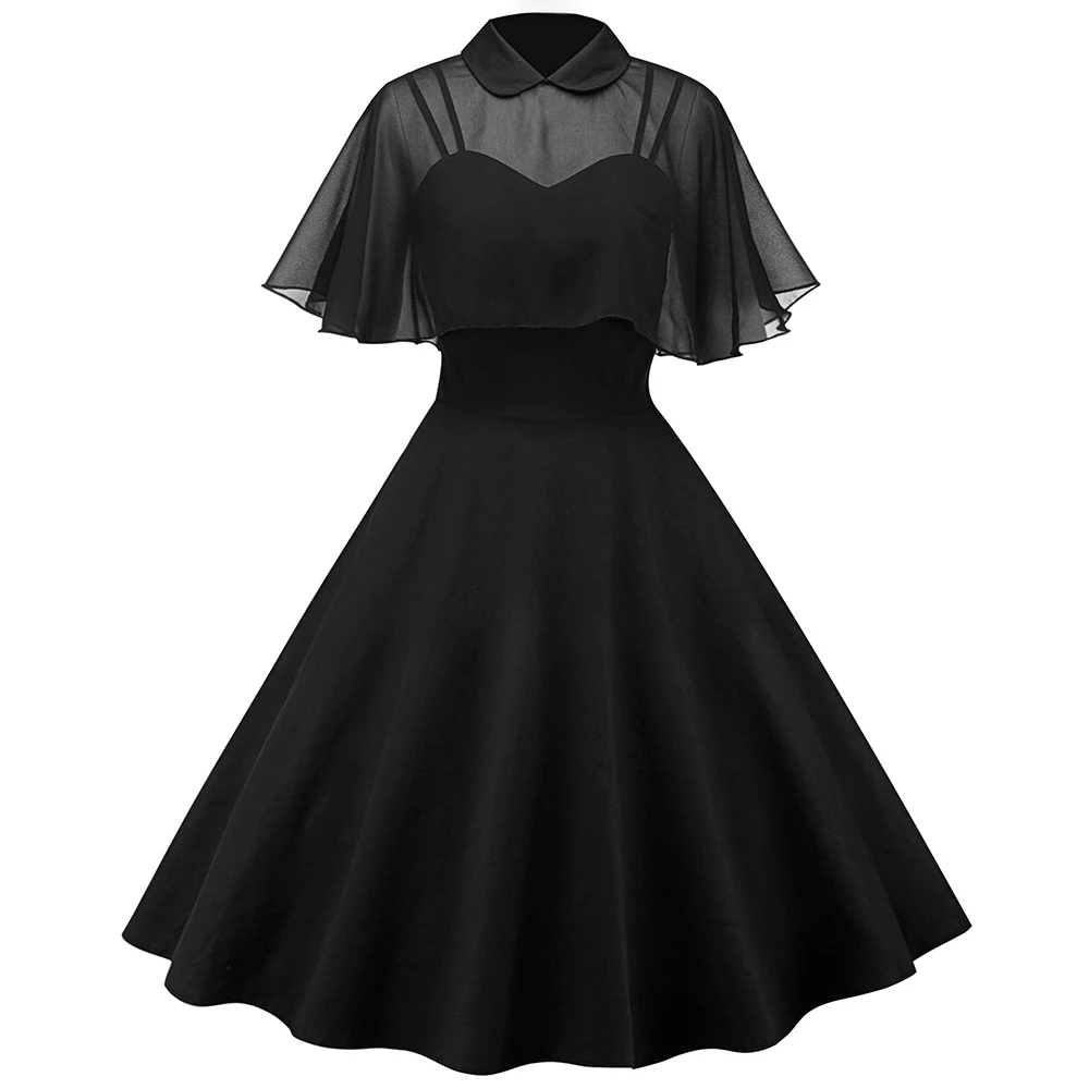 

Gothic Vintage Pin Up summer sundress With Sheer Mesh Cape Party Dress Vestidos Peter Pan Collar Short Sleeve Swing Dresses
