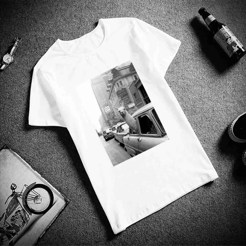 

sweet Short Sleeve TShirt Llama In A Taxi Square Printed Cotton Kroean Tops Tees Casual O Neck Unisex Women Streetwear TShirt