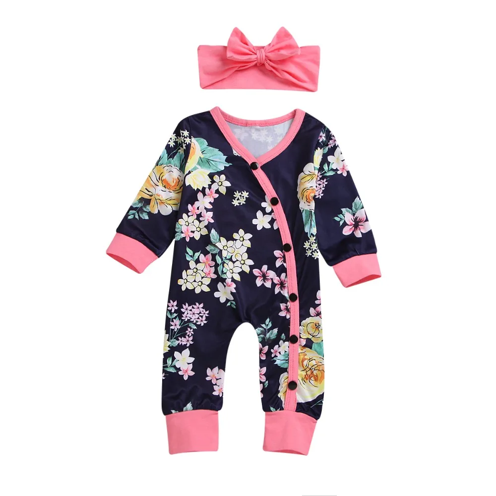 

Puseky Baby Girls Floral Romper Set Bow Knot Headband+Long Sleeves Jumpsuit Clothes Outfit Newborn Infant Flower Outfit Set