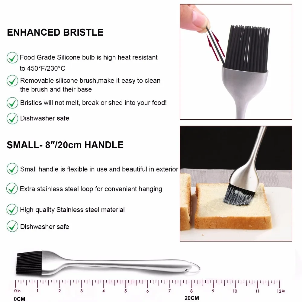 Basting Brush 3 Pc Stainless Steel Silicone Bristles Section Barbecue Oil Brush For BBQ Tools Cooking Accessories
