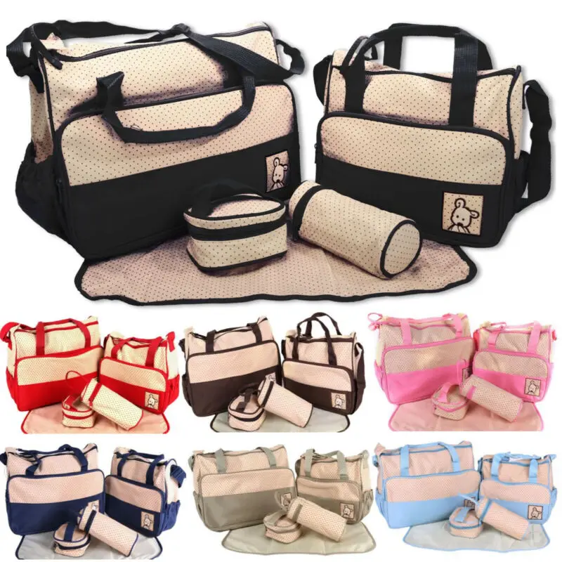 

5Pcs/Set Fashion Diaper Bag Mummy Stroller Bag Large Capacity Handbag Nappy Changing Pad for Baby Care with 6 Colors