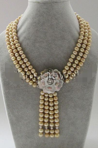 

Wholesale 100% Natural jewelry 17-19" 3row 8-9mm champagne round freshwater pearl necklace + 4pieces pendant