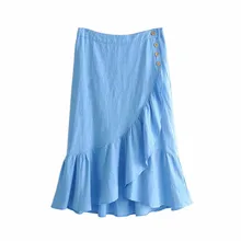 Женские оборки синие миди пуговицы для юбки летающие Женские повседневные Летние Стильные однотонные шикарные офисные юбки