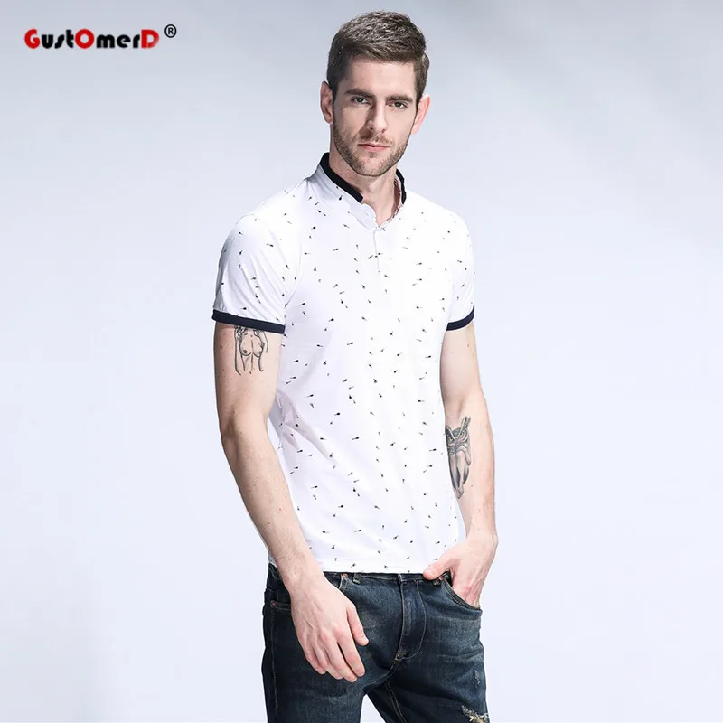 

GustOmerD Summer T shirt Mens Guitar Print Slim Fit Stand Collar Casual T-shirt Men's Short Sleeve Tops Tee Shirt Men
