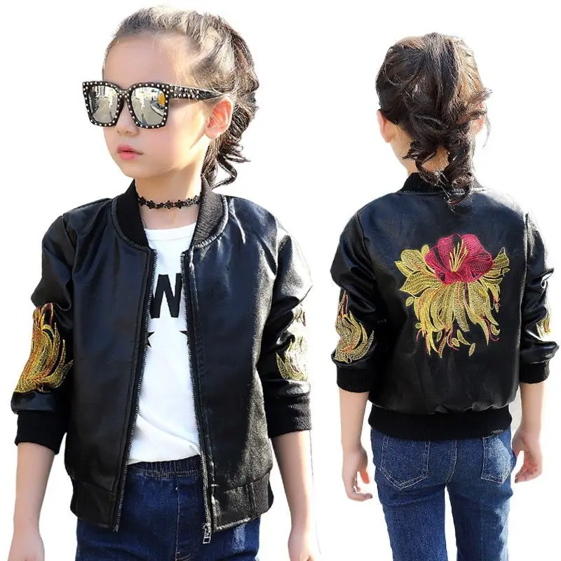 Girls' Jackets Stitched Flower PU Leather Jacket Girls Jackets Size 12 Motorcycle Leather Girls Coat 1