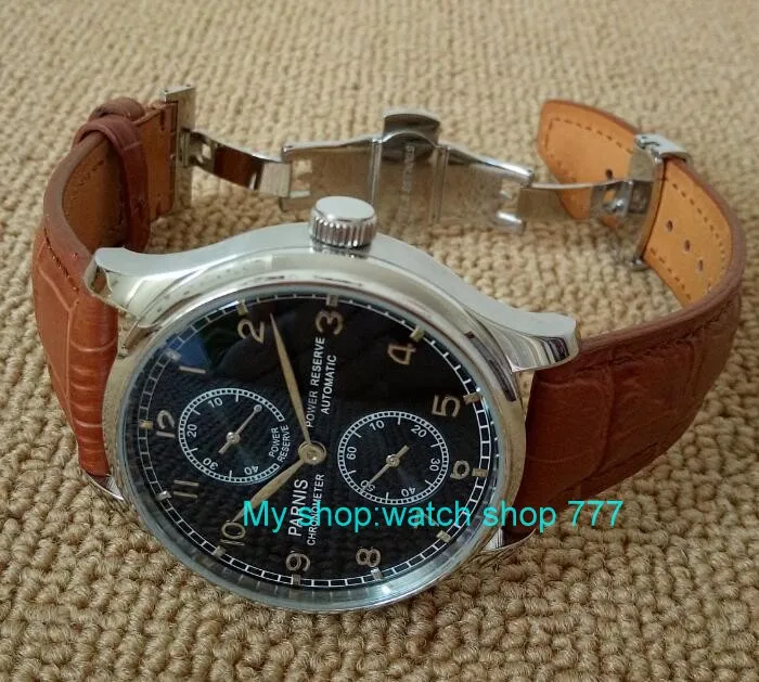 

Butterfly buckle 43mm PARNIS black dial Automatic Self-Wind mechanical watches Power Reserve Men's Watch g88a