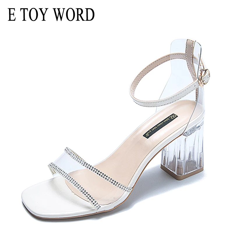 

E TOY WORD Sandals women 2019 Summer New sexy fashion mid heel sandals Crystal heel strap buckle open toe Thick Heel Women Shoes