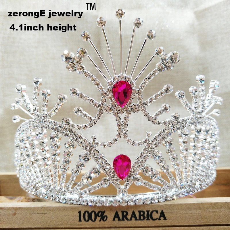 

zerongE jewelry 4.1" fashion silver rose pink luxury big pageant hair tiara crown jewelry gift for party/wedding gift