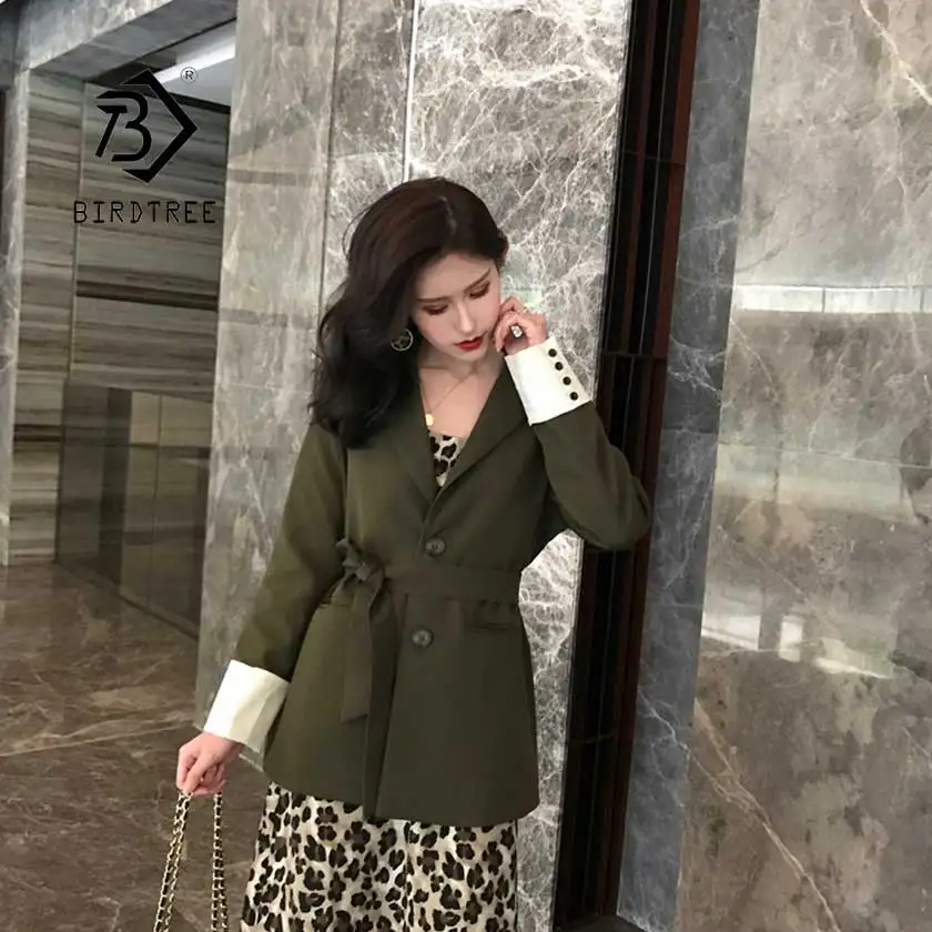 

New Women's Chic Dark Green Top Blazer Jacket Single Breasted Pockets England Style Female Lady Loose Coat Hot Sales C96119Z