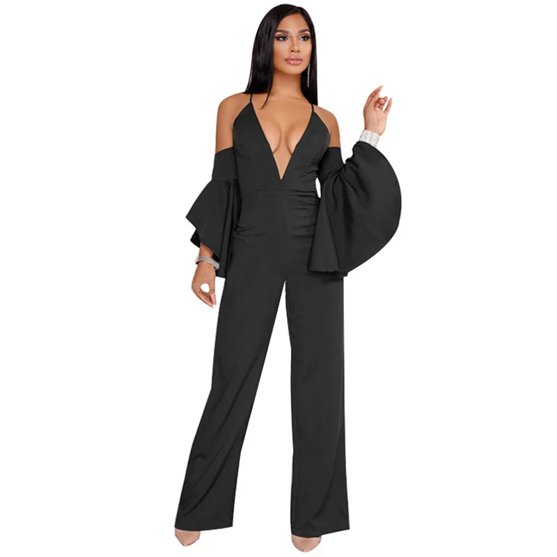 Black Blue Red Flare Long Sleeve Jumpsuit 2018 Women Streetwear Plus Size High Waist Deep V Neck Off Shoulder Party Jumpsuit (1)