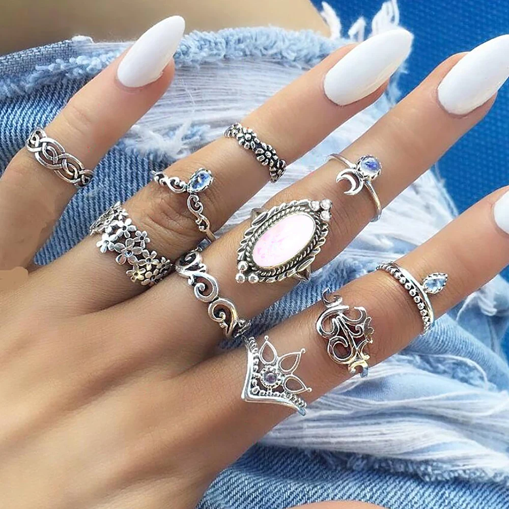 

10 Pcs/set Women's Fashion Temperament Gems Flower Moon Crystal Geometric Ring Set Bohemian Jewelry Gift Accessories