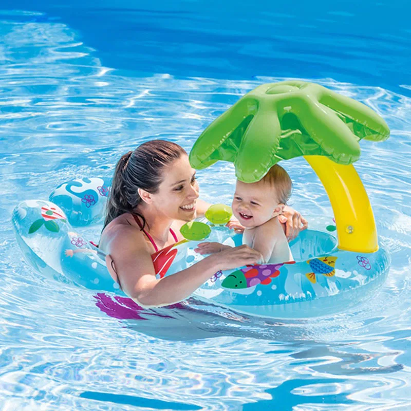 

Baby Pool Float Toys Neck Ring With Subshade Mother Baby Swim Circle Inflatable Safety Swimming Ring Float Seat Kids Gifts