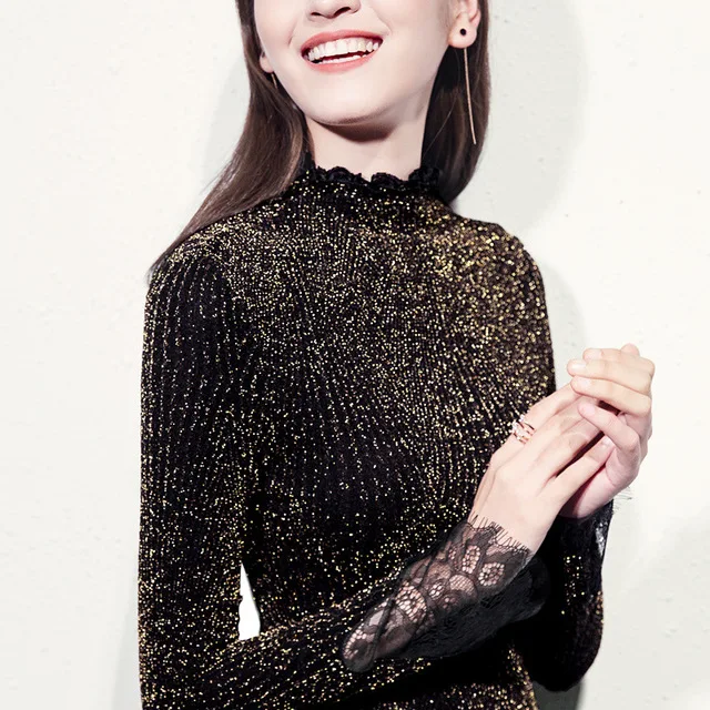 Golden sweater Блестящий женский свитер, водолазка, ресницы, кружево, пэчворк, с расклешенными рукавами, свитер, пуловер, вязаные топы C92491 - Цвет: Golden sweater