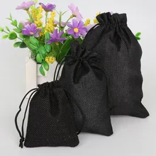 Arpillera Natural de yute para regalo, bolsa de arpillera de Color negro, con cordón, ideal para Navidad, boda, fiesta, 5 unids/lote
