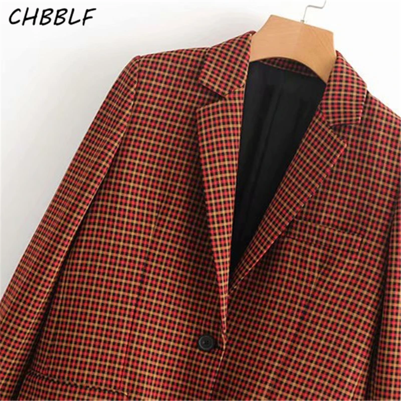 CHBBLF женский модный клетчатый Красный Блейзер с карманами, пальто с длинными рукавами, Женская Повседневная офисная одежда, casaco feminine WEW5157