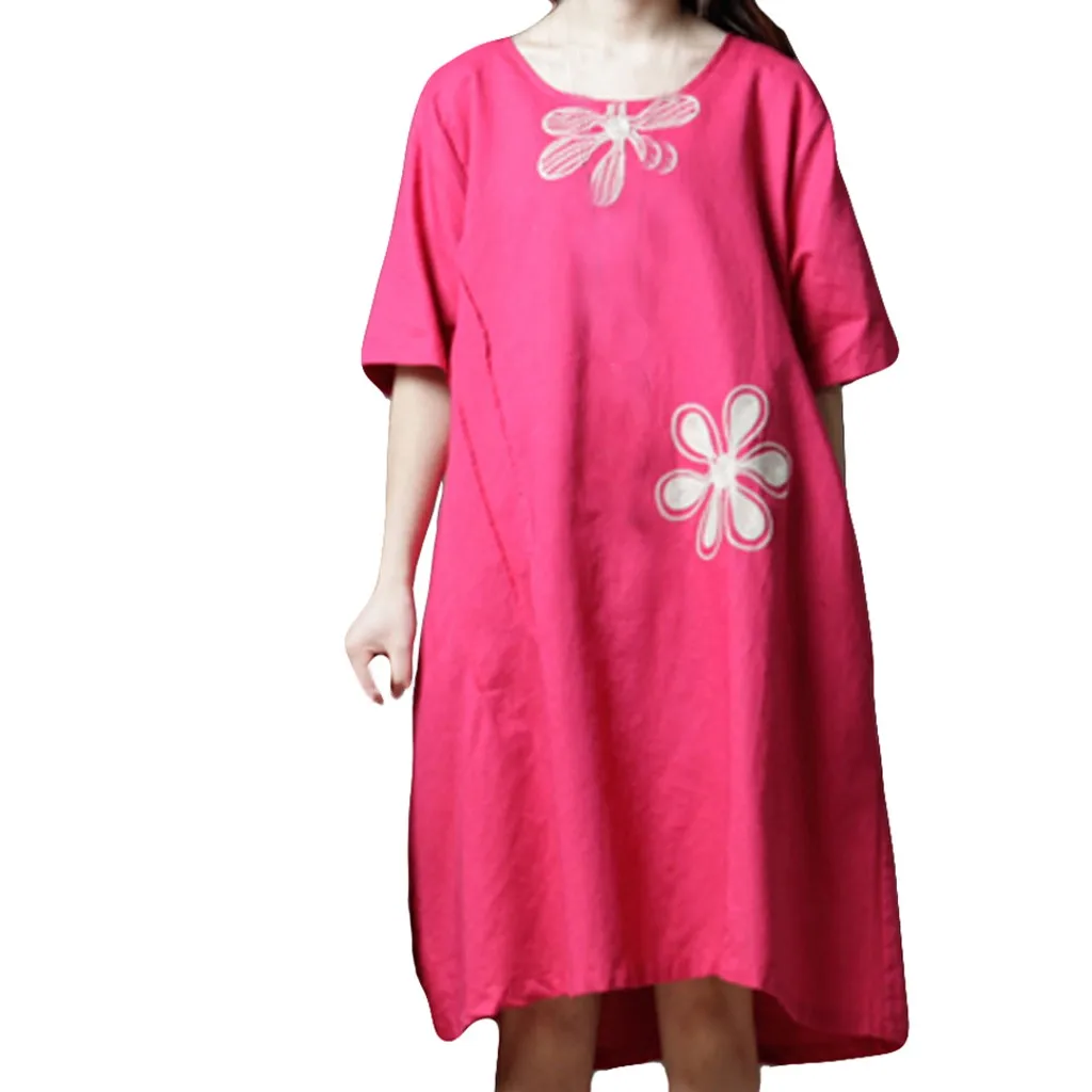 Hot Pink Платье harajuku kawaii розового цвета большого размера, летнее платье Для женщин льняные свободные длиной до колена из льна с коротким рукавом и круглым вырезом, с длинными рукавами платье с принтом# G7 - Цвет: Hot Pink