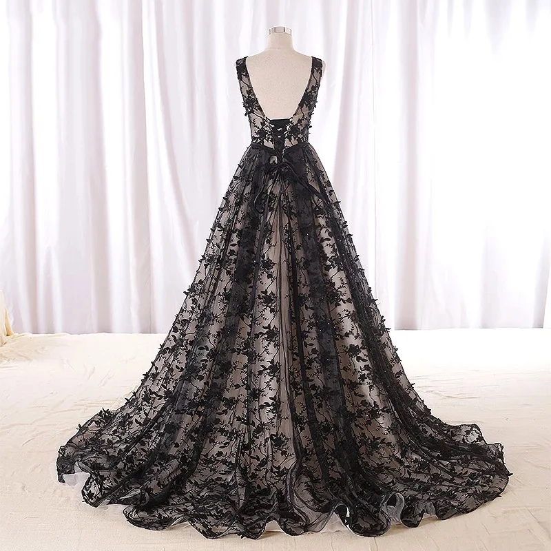Modern Black A-line Lace Evening Dresses Long vestido de festa Women Floor Length Evening Formal Dress Appliques Maxi Gowns