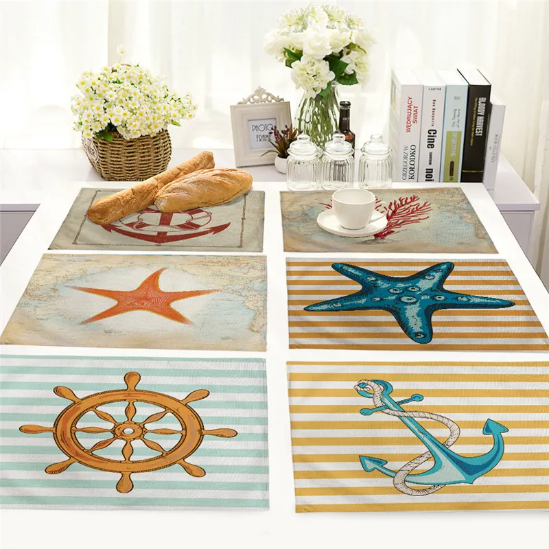 

1Pcs Marine Style Anchor Pattern Placemat Table Mat Drink Coaster Cotton Linen Pad Dish Cup Mat 42*32cm Kitchen Accessory MS0019
