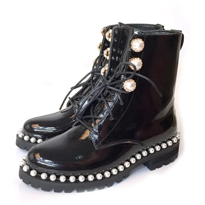 

2019 design real leather ankle boots women round toe pearl rivet decor side zipper boots woman cool motorcycle boots