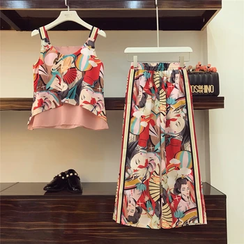 

2018 New Summer Fashion Women's Sets Vintage Sleeveless Printing Strapless Tops + Wide Leg Long Pants Female Suits