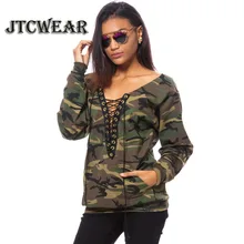 JTCWEAR Lace Up Deep V Neck Camouflage Woman Long Sleeve T Shirts Army Green/Yellow Sexy Lady Autumn Clothing Tee Shirt Tops 607