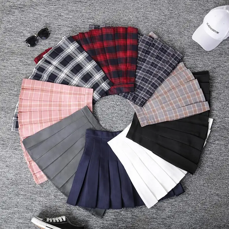 

2019 Spring Autumn Harajuku Punk Style Enlarge size High-waisted Yellow, Red and gray Chequered Short Skirt A-shaped Skirt