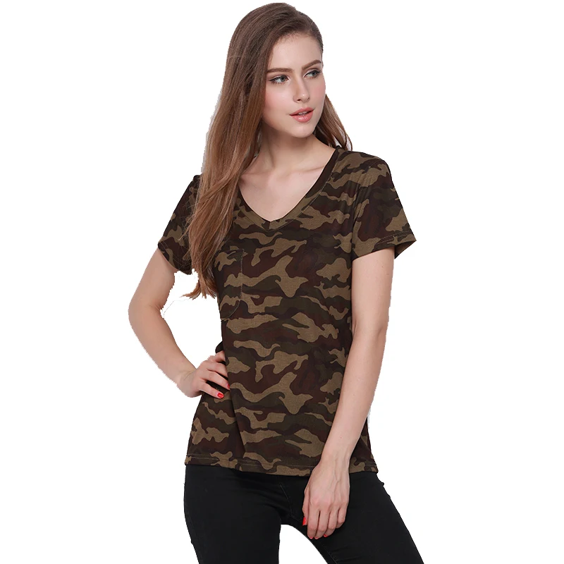 Women Camouflage T shirts V neck Cuffed Short Sleeve T shirt Roupas