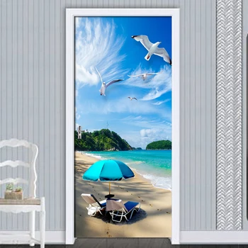 

PVC Self-adhesive 3D Wall Door Sticker Beach Sea View Wall Sticker Wallpaper Poster For Living Room Door Decals Home Decor Mural