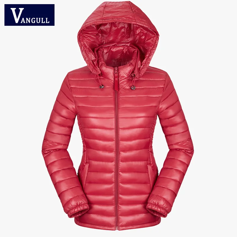 Vangull женская зимняя Базовая куртка Осенняя новая однотонная тонкая куртка с капюшоном светильник из хлопка размера плюс 3XL Женская теплая парка - Цвет: Красный