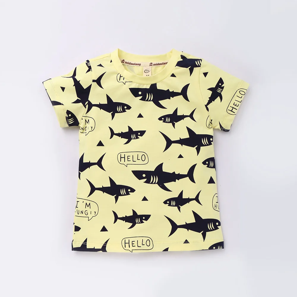 Милый Маленький акула узор Дети футболки для девочек детские футболки для мальчиков детка верхние тройники С О-образным вырезом детские блузки с коротким рукавом весна лето ребенок Хлопок одежда L8010 - Цвет: Yellow