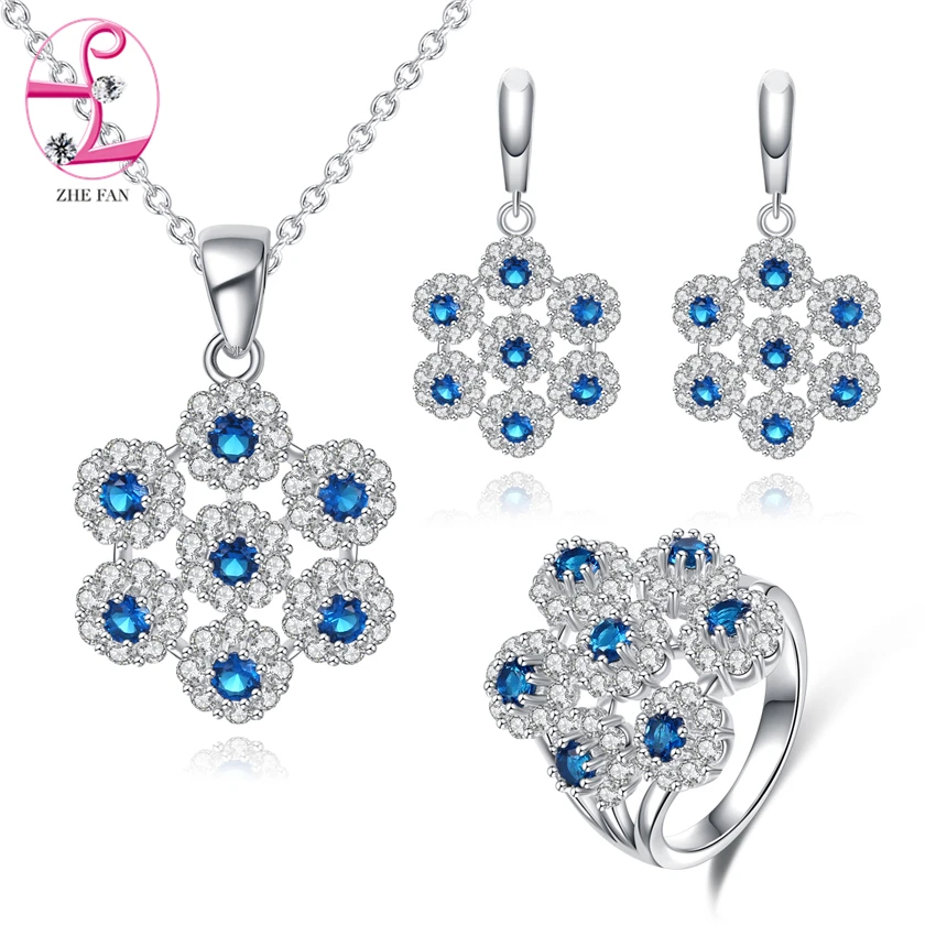 

ZHE FAN Fashion Red Green Blue Flower Jewelry Sets Women AAA Cubic Zirconia Luxury Necklace Earring Ring Chain Jewellery Set