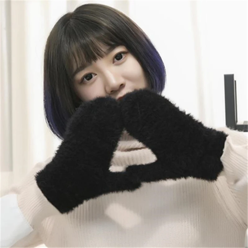 Женские зимние модные теплые пушистые перчатки женские толстые однотонные Женские ветрозащитные теплые удобные пушистые мягкие перчатки милые перчатки - Цвет: Black