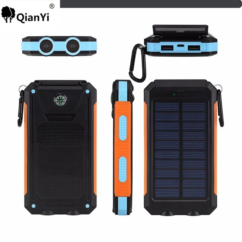 New 12000Mah Waterproof Solar Charger 2 LED Llight 2 Ports Power Bank Portable Powerbank Charger For IPhone Samsung With Compass