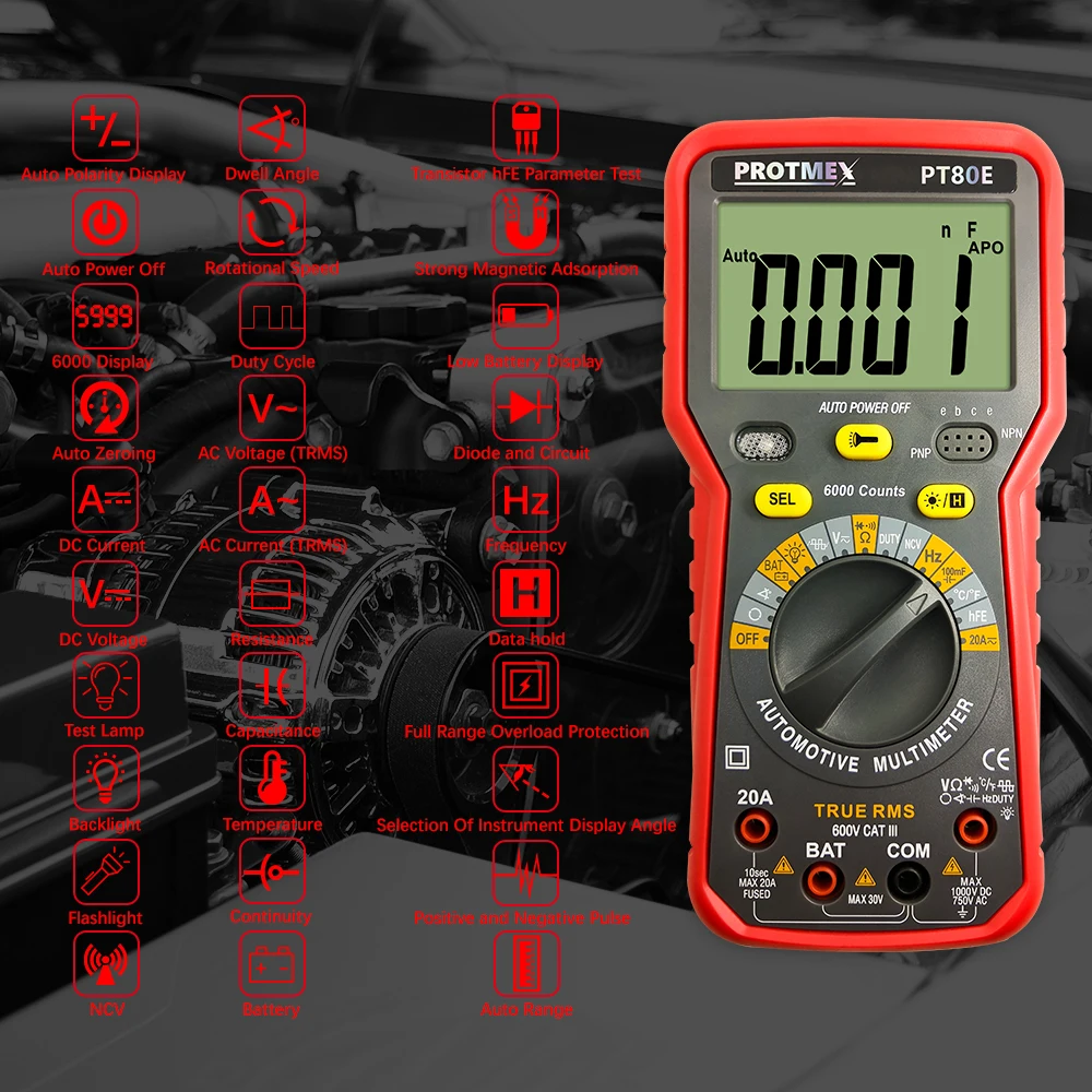 Protmex PT80E 6000 отсчетов цифровой авто тестер мультиметр DC/AC напряжение, ток, сопротивление, Емкость Тестер