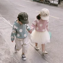 Корейский стиль, весенний шерстяной трикотажный пуловер в горошек, Свитера для детей, милый свитер с отложным воротником для мальчиков и девочек