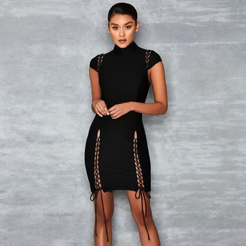 

2019 Mini Dress Sexy Celebrity Elegant Turtleneck Women Hollow Out Bandage Night Club Strapless Body con Party Dresses Wholesale