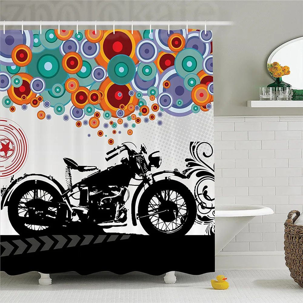 Manly Decor Shower CurtaIn Set Motorcycle And Abstract Circle Shapes