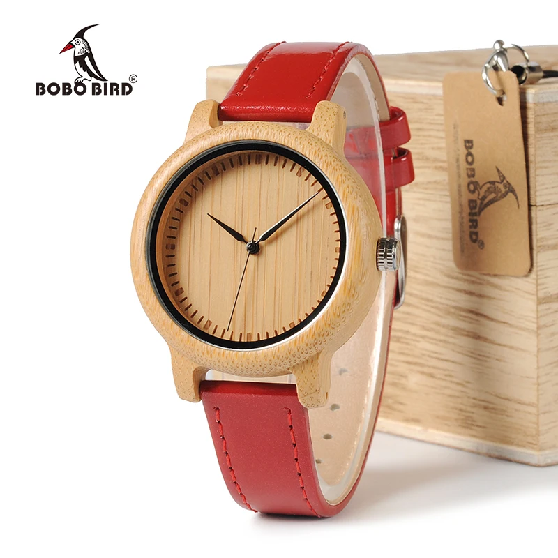 Женские бамбуковые часы BOBO BIRD WJ09 простые красные кварцевые с бамбуковым