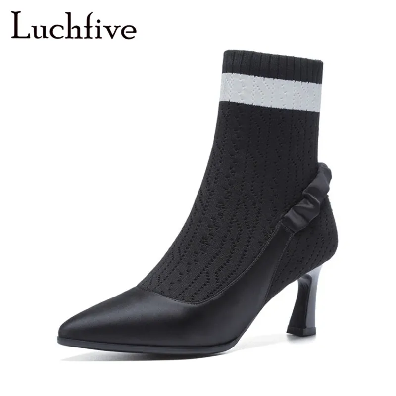 

Knitting ankle boots for women pointed toe elastic 6 cm High heels short boots runway design sexy sock Shoes ladies pumps
