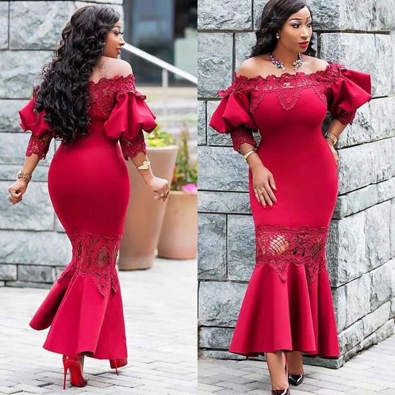 

Africa Clothing Fashion Women Elegant Sexy Hollow Lace Maxi Dress Female Off Shoulder Lantern Sleeve Party Dresses African Woman