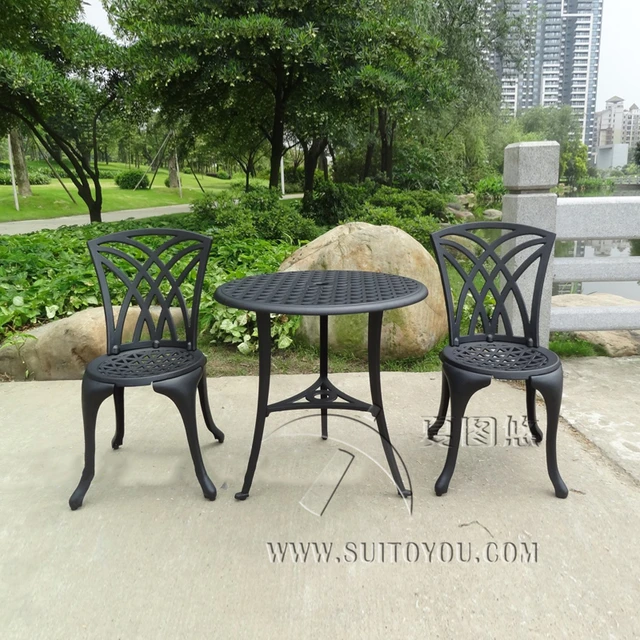 CAST ALUMINUM OUTDOOR GARDEN PATIO TABLE AND 2 CHAIRS SETTING 3 CAST ALUMINUM OUTDOOR GARDEN PATIO TABLE AND 2 CHAIRS SETTING 3 PIECE FURNITURE BLACK - CAST ALUMINUM OUTDOOR GARDEN PATIO TABLE AND 2 CHAIRS SETTING 3