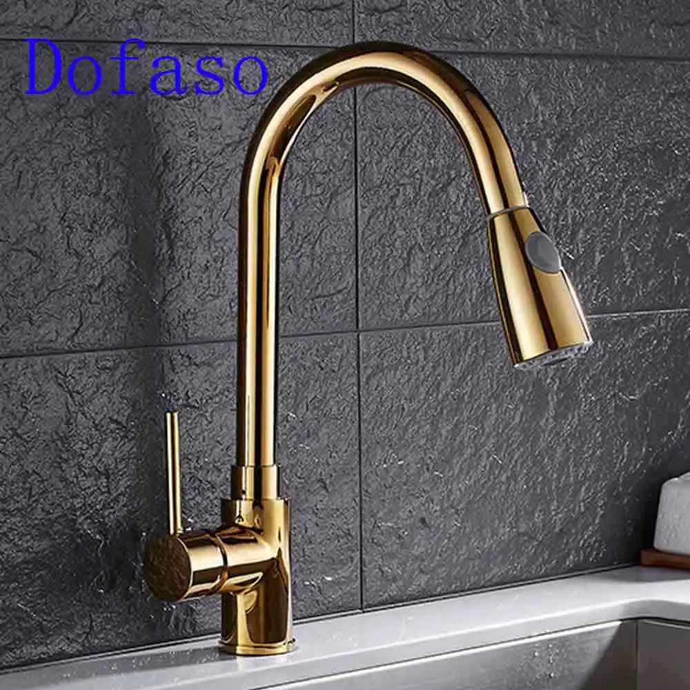 Dofaso Gold Kitchen Faucet Pull Out Sprayer Copper Made Cold And