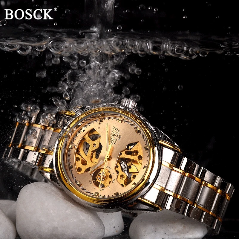 BOSCK font b Mechanical b font Watches Men Skeleton Gold Watch Automatic font b Mechanical b