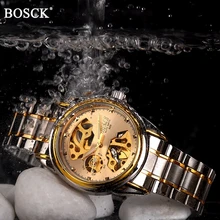 BOSCK Mechanical Watches Men Skeleton Gold Watch Automatic Mechanical Mens Watches Waterproof Self-winding Clock Stainless Steel