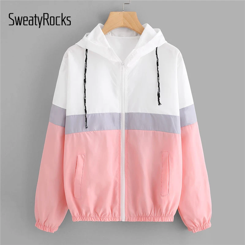 SweatyRocks كتلة اللون مرونة الخصر الرباط سترة 2018 جديد أزياء متعددة الألوان سستة امرأة الملابس السيدات جاكت للربيع