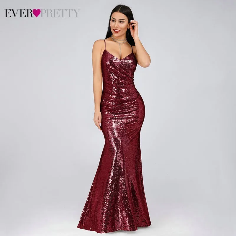 Ever Pretty Robe De Soiree New Burgundy Sexy V Neck Spaghetti Straps Sequins Evening Dresses Long Party Gowns EP07339BD